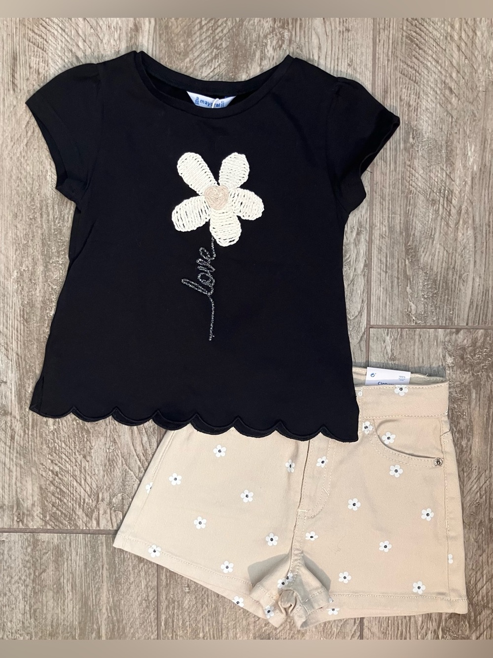 Mayoral Black Tee with Cream Crochet Daisy